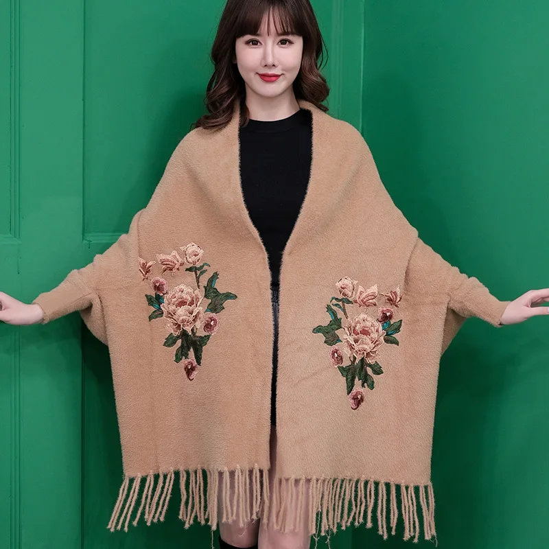 Factpry Price Mink Wool Feeling Women Winter Poncho With Sleeve Shawls and Wraps Pashmina Scarf Stoles Capes |