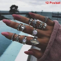 12 pcsset gothic vintage hollow geometric crown turtle rings set for women men retro silver color ring hip hop jewelry anillos