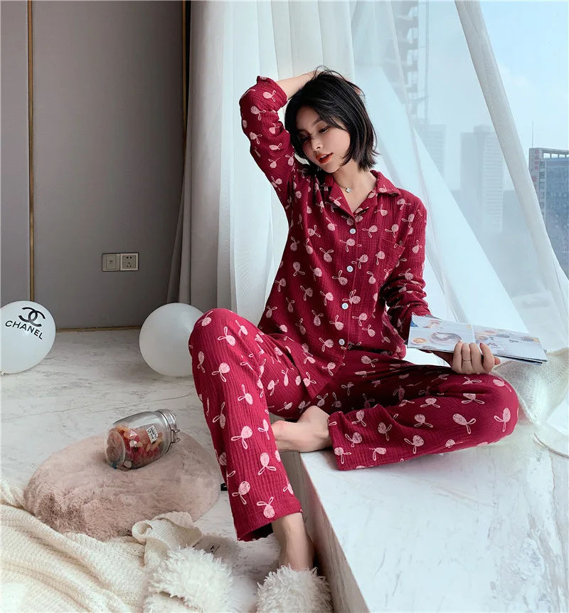 Пижама женская из чистого хлопка с длинным рукавом на осень и зиму | Женская