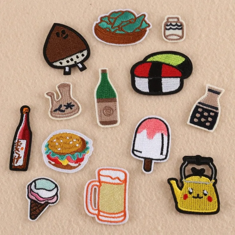

50pcs/Lot Teapot Wine Bottle Popsicle Embroidery Patches Letters Clothing Decoration Accessories Diy Iron Heat Transfer Applique