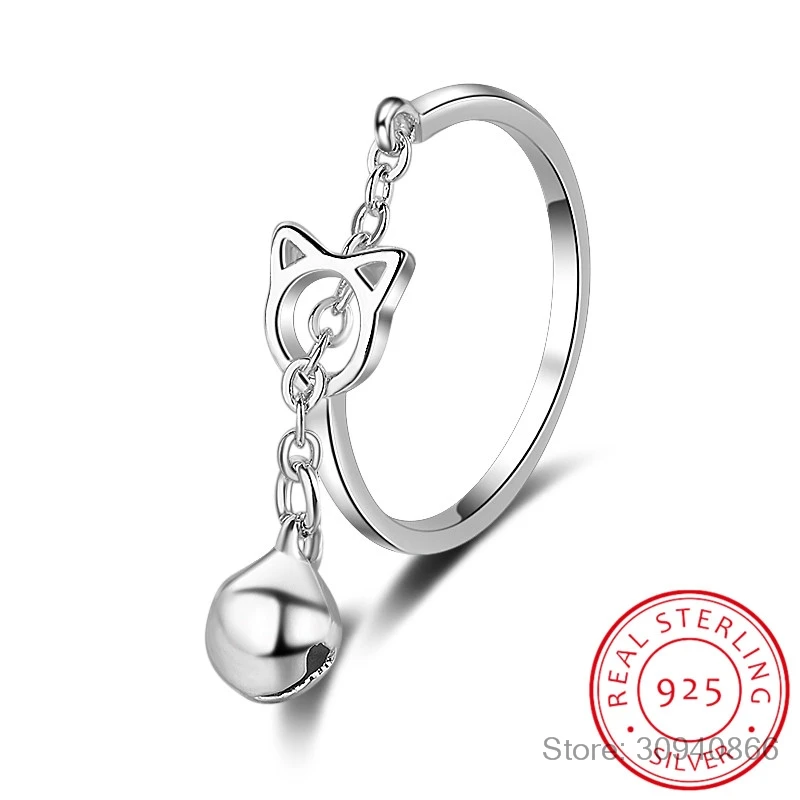 

2019 Free Shipping Silver Open Ring 925 sterling silver Cat Jing Bell Ring For Women Jewelry Finger Ring For Party Birthday Gift