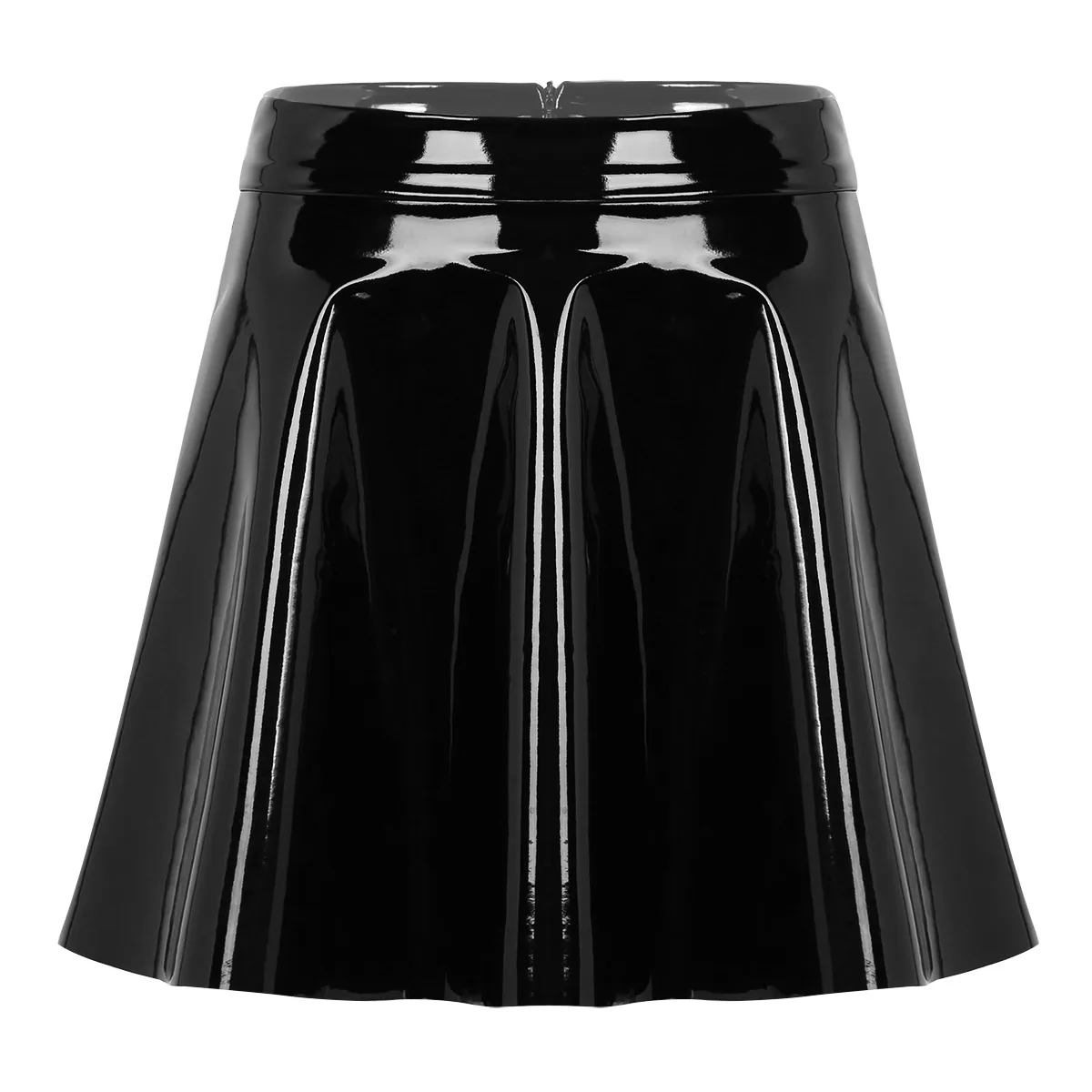 

Black Womens Wet Look PU Leather Clubwear High Waist Casual Fashion Flared Pleated A-Line Circle Mini Skater Skirt