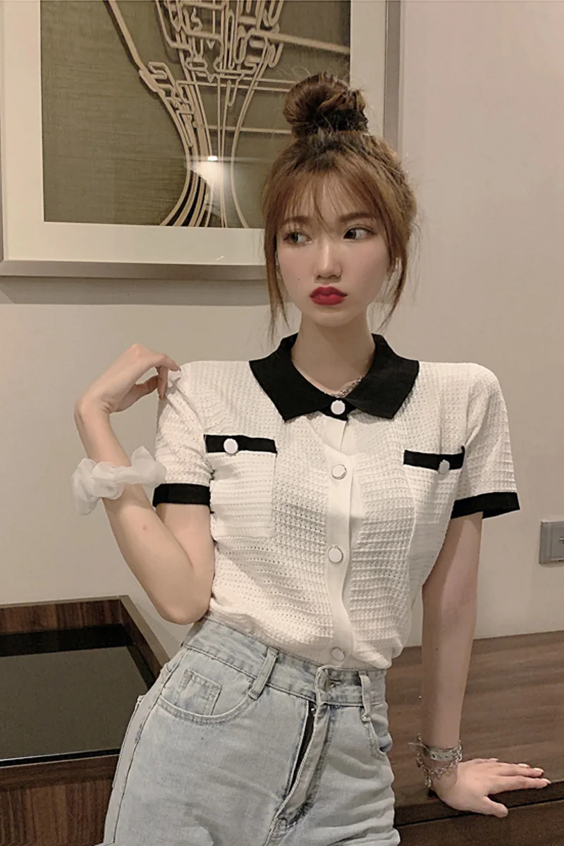 

COIGARSAM French Style Short Sleeve Shirt Womens tops Knitting Panelled Turn-down Collar Women shirts White Black 387