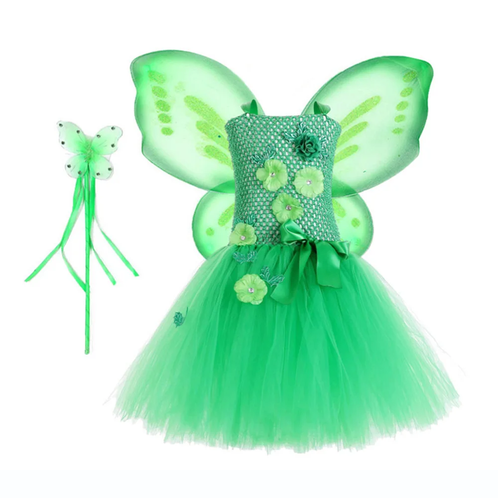 

Green Flower Fairy Princess Tutu Dress Girl Kids Christmas Clothes Teen Halloween Cosplay Costume Fairy Dress with Wings Set