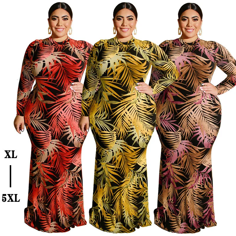

2020 Plus Size Long Dress Tight-Fitting Sexy Bag Hip Hollow Waistband Dress Long Sleeves Leaf Print Long Women's Dress Cheap
