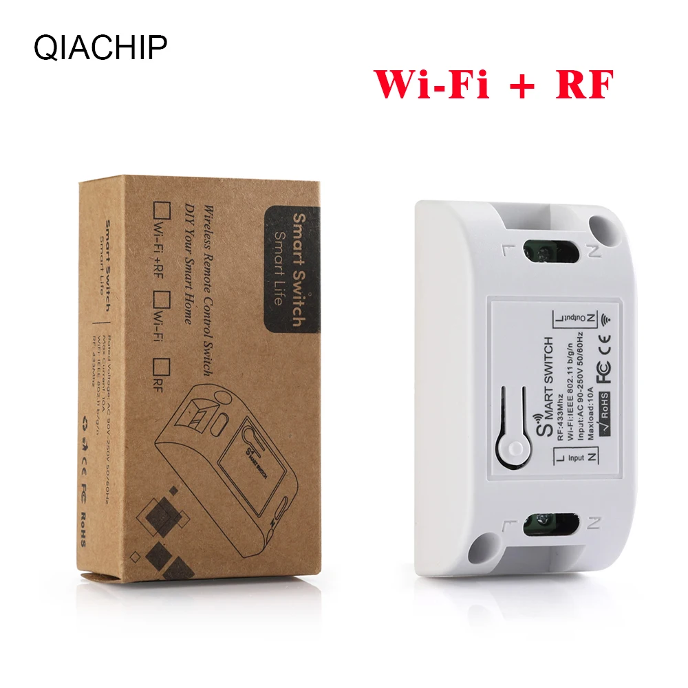 Купи QIACHIP Universal WiFi+RF AC 110V 220V Smart Home Relay Receiver Module Remote Control Switch For Light Garage Door Opener за 372 рублей в магазине AliExpress