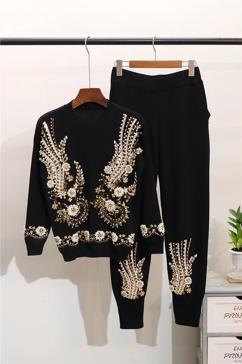 

Vintage 2019 Autumn Women Grey/Black Two Piece Set Female Beading Shining Sequin Knitted Blouse Pullover+Pants 2 Piece Set