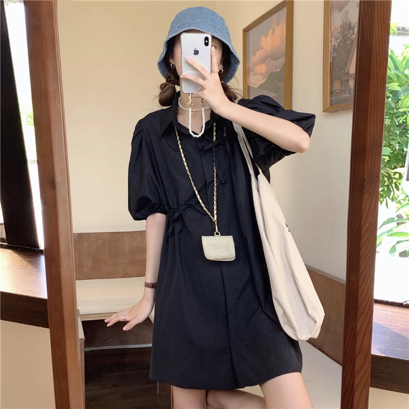 

hubble-bubble sleeve shirt dress female summer hollow out draw string of French platycodon grandiflorum dress # 1501