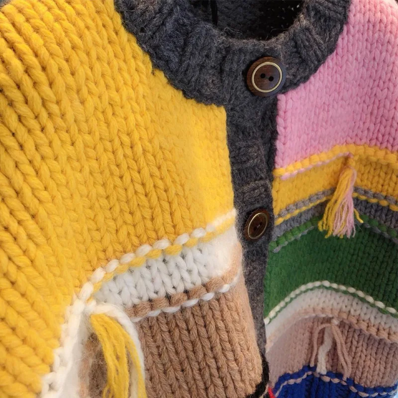 

2020 Autumn and Winter New Loose Lazy Thick Stick Irregular Contrast Color Tassel Coat Women Trendy