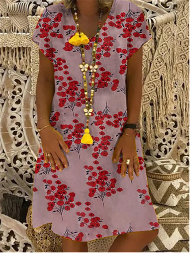 

S-5XL Plus Size floral Printed Dress Women Summer Vintage Striped Short Sleeve A Line Midi Dress Loose-Fit Beach Casual Dresses