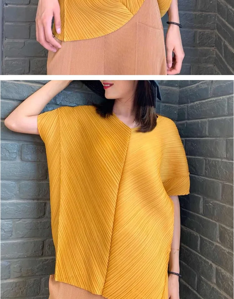 Changpleat новые женские футболки Топ Miyak плиссированный модный дизайн свободный v-образный вырез корейский стиль короткий рукав женская футболка Tide