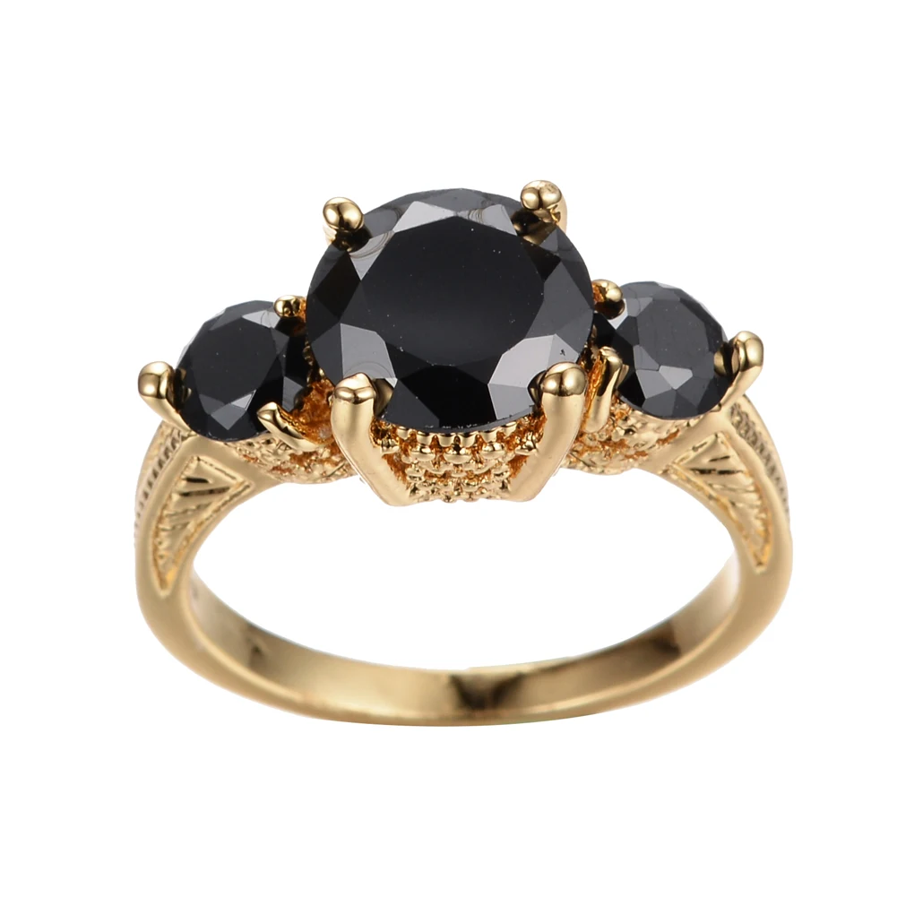 

Vintage Female Black Crystal Stone Jewelry Yellow Gold Color Wedding Rings For Women Big Bride Round Engagement Ring