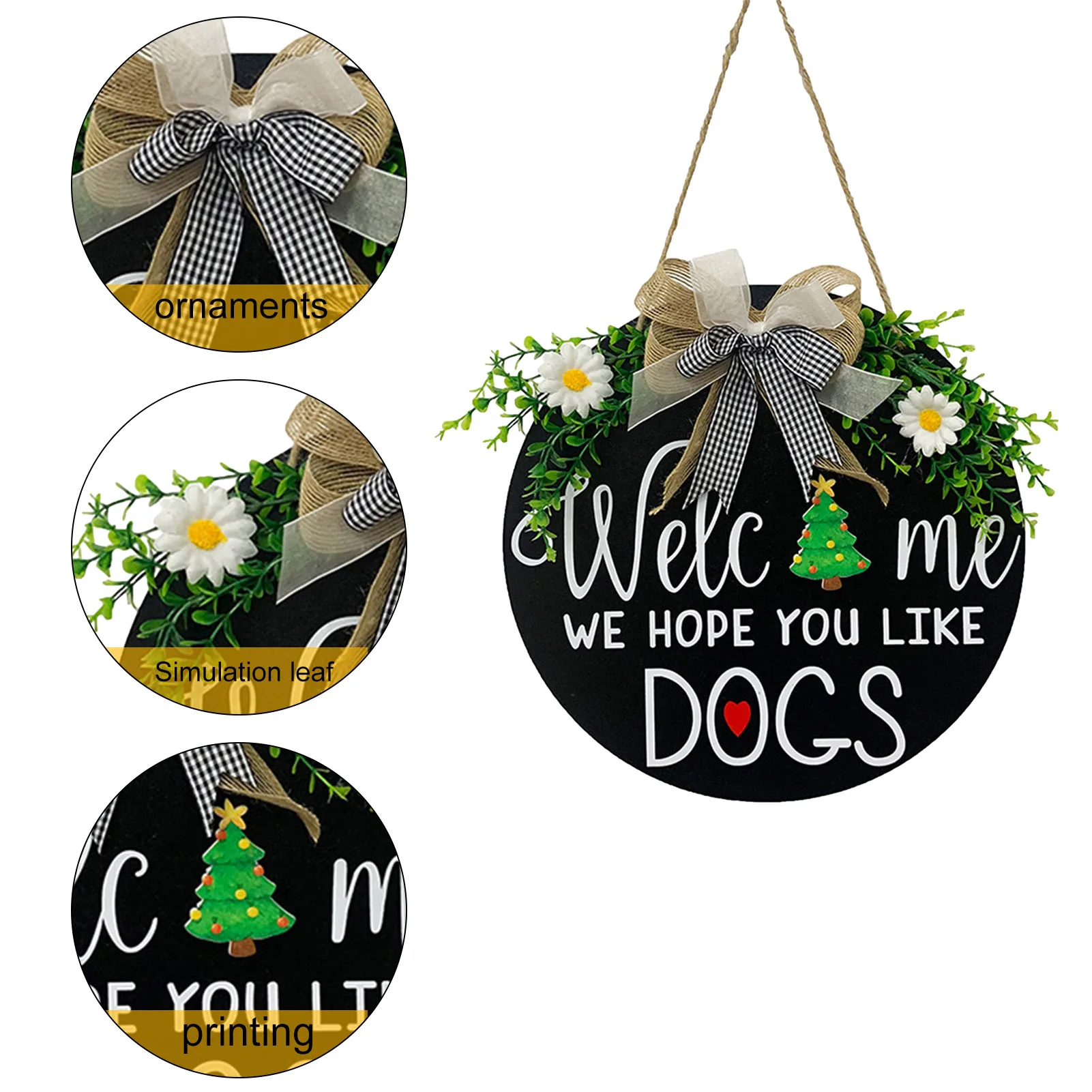 

Welcome Sign Front Door Hanger Wreath with Bow Welcome We Hope You Like Dogs Farmhouse Round Hanging Flower Bow Decor