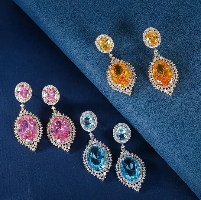 

S925 needle blue women's luxury drop-shaped inlaid zircon popular fashion earrings