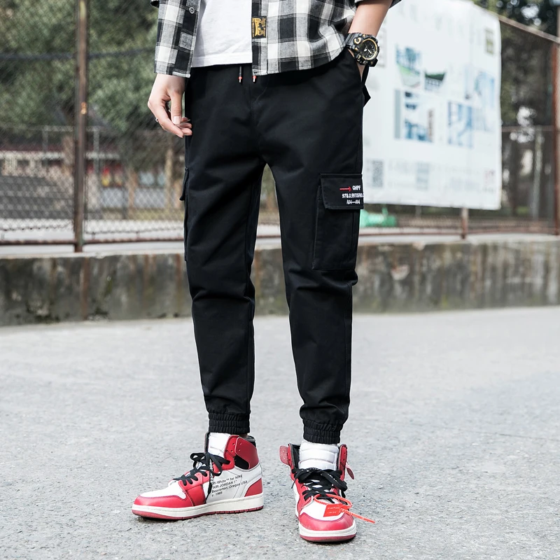 Мужские повседневные шаровары черные хлопковые джоггеры с большими карманами и