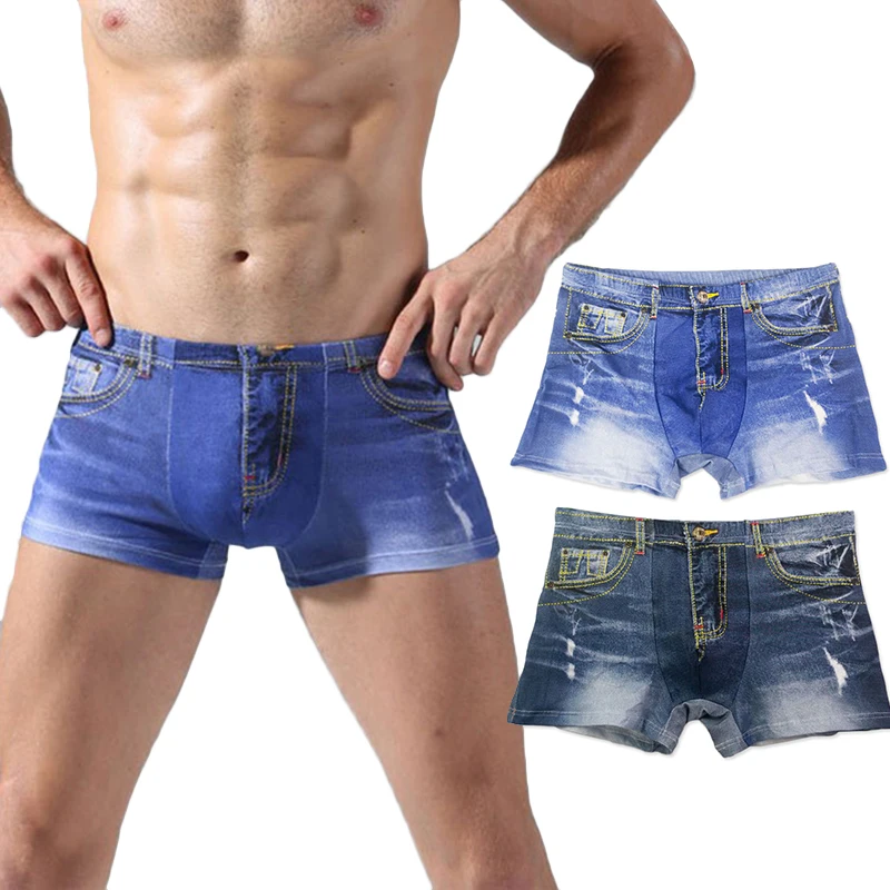 

New Men's Sexy Jeans Printed Cotton Breathable Boxer Briefs Stylish Underpants Shorts U Convex Pouch Flat Boxers Sleep Bottoms