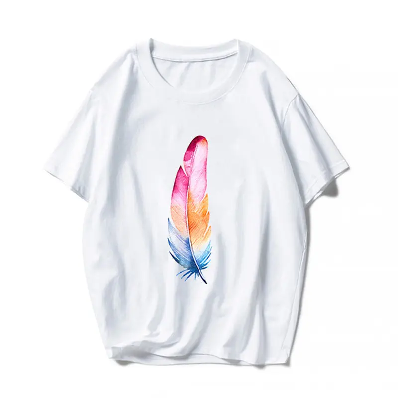 

Women's T-shirt Clothing Casual Custom Summer New Print Ladies White Feather T-shirt Short Sleeve Harajuku T-shirt Top Tees