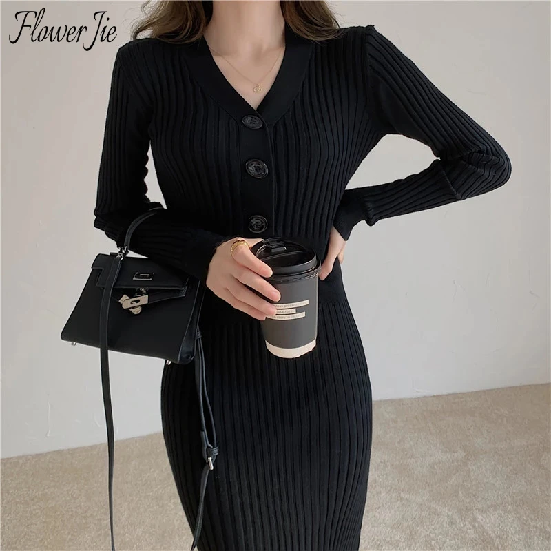 

Flower Jie Autumn Winter Elegant Bodycon Dresses 2022 Knitted Sweater Dress Female Evening Party Long Sleeve Vintage Black Dress