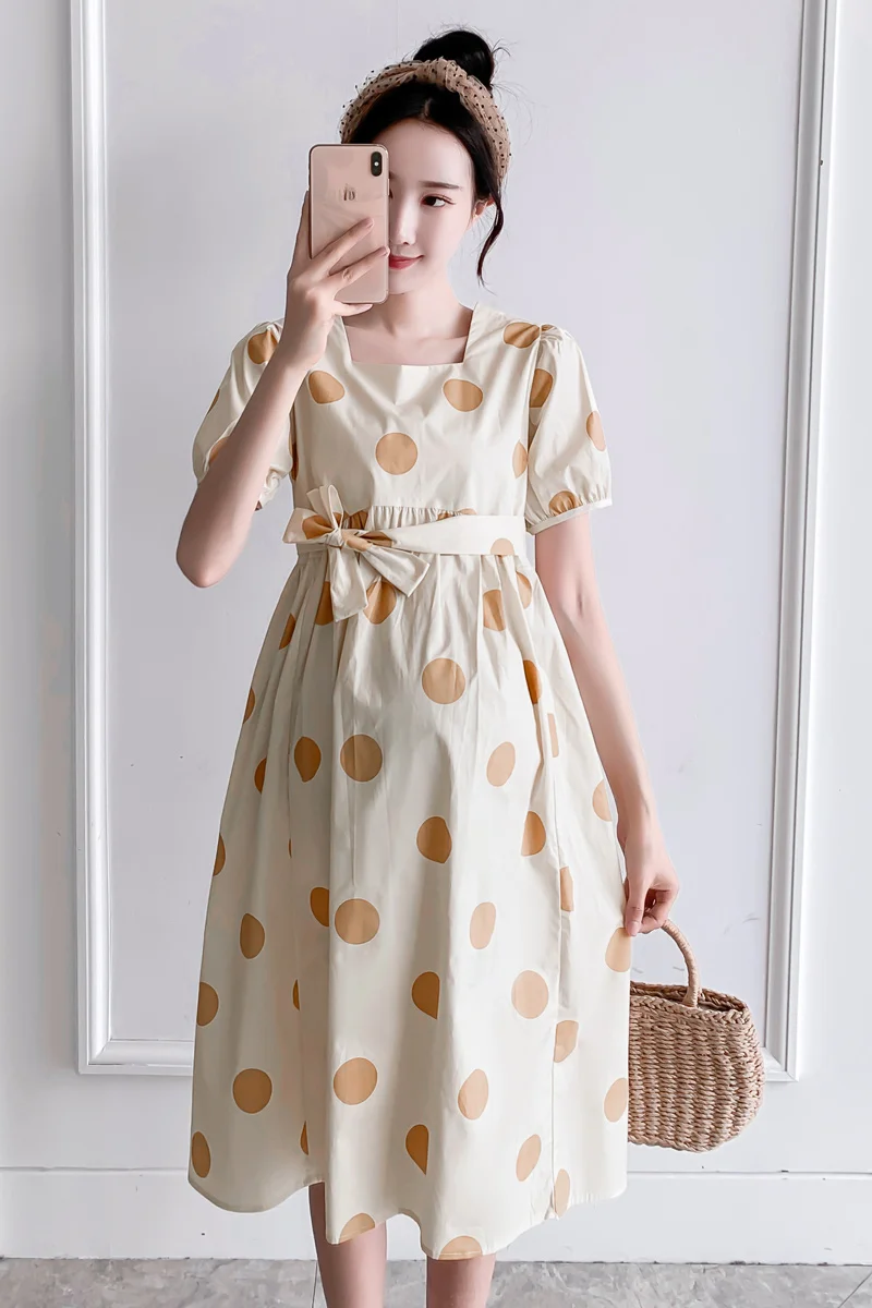

257# Summer Korean Fashion Dot Printed Maternity Dress Ties Waist Slim A Line Loose Clothes for Pregnant Women Elegant Pregnancy