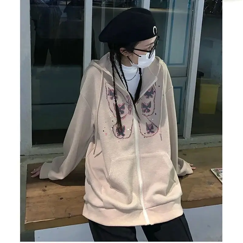 

Hip Hop Butterfly Hooded Jackets Men Women Harajuku Print Punk Waffle Sweatshirt Male Streetwear Autumn Casual Coat Unisex 2021