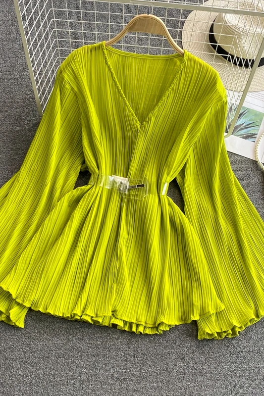 

Women Korean Chiffon Blouse Flared Sleeve V Neck Ruched Solid Office Tops Summer Fashion Casual Streetwear Blouses