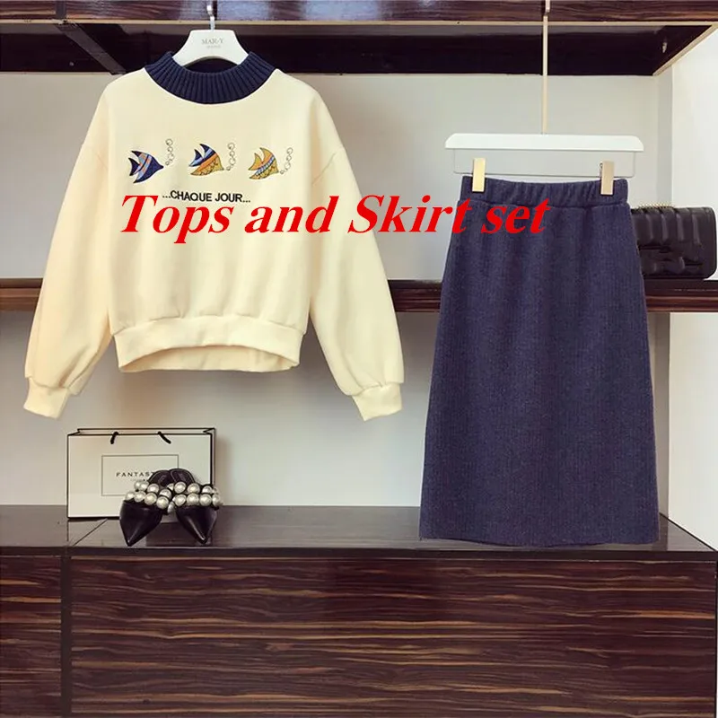 Tops and Skirt Set Осенняя новая толстовка юбка Студенческие костюмы модные женские мультфильм вышивка в виде рыбы пуловеры с надписями Топы+ однотонная трикотажная юбка комплект - Цвет: Tops and Skirt Set