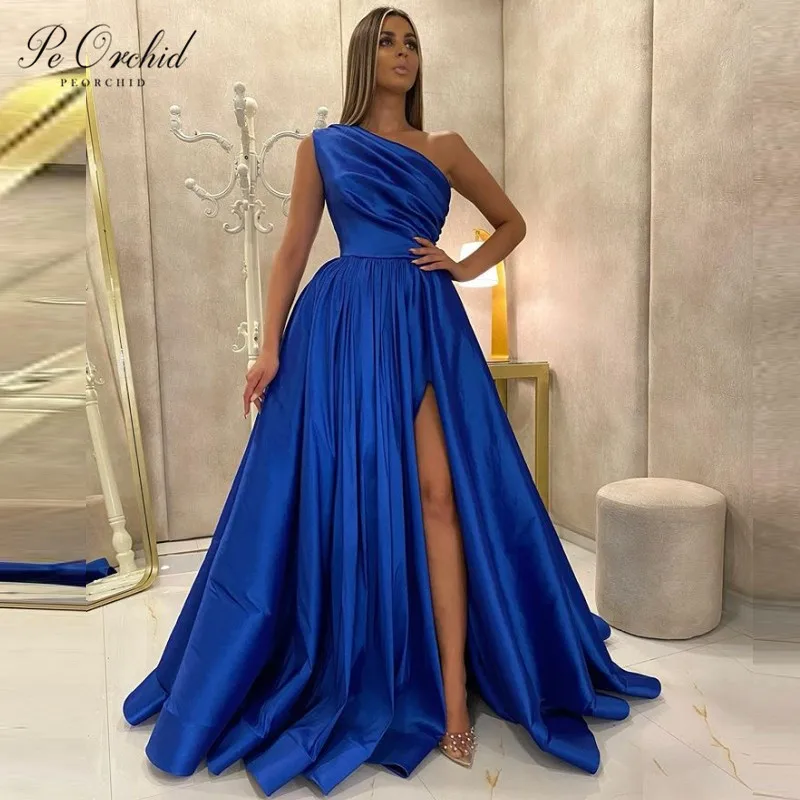 

PEORCHID 2021 Chic Black Royal Blue Evening Dresses Long A Line One Shoulder High Slit Woman Prom Dresses For Party And Wedding