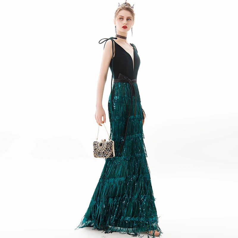 wei yin AE0380 Long Evening Dress Green Sequins Tassel Fashion Spaghetti Strap Party Gowns Formal Zipper Prom Dresses | Свадьбы и