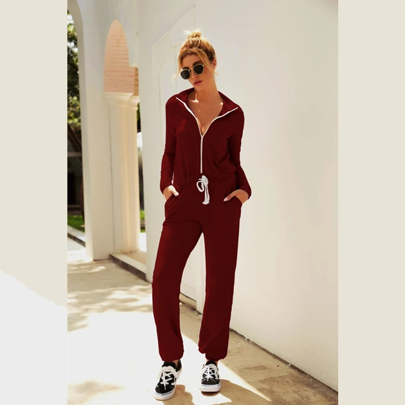 

Autumn and Winter 2019 Long-sleeved Stand Collar Zipper Strap Gray Black Wine Red Women Jumpsuit Velvet Jumpsuit