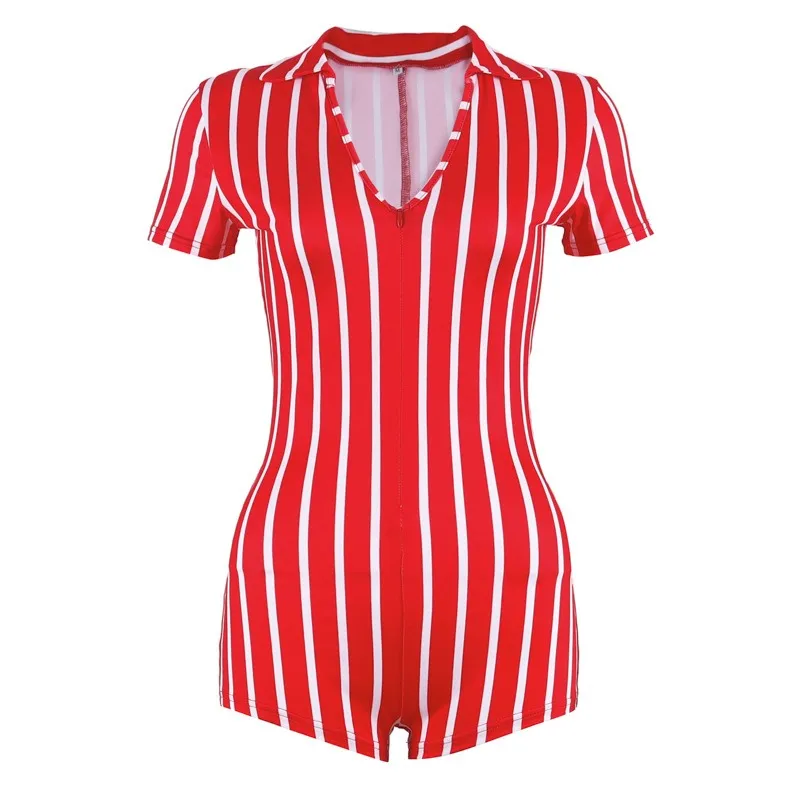Red Playsuit UIDEAZONE, женские комбинезоны с v-образным вырезом в полоску, обтягивающие штаны, контрастные цвета, спортивные комбинезоны с коротким рукавом для девушек, Клубные, лето - Цвет: Red Playsuit