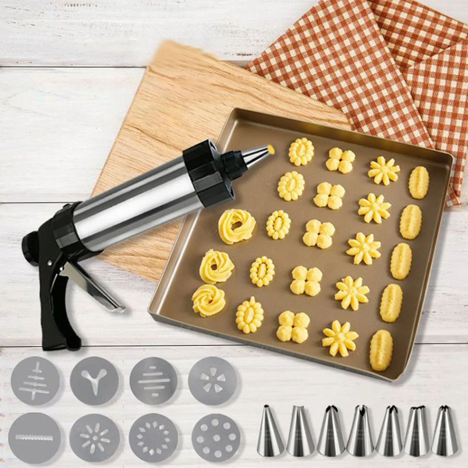 

Cookie Press Machine with 8Pcs Icing Tips and 8Pcs Biscuit Discs, Stainless Steel Bakery Kit for Christmas