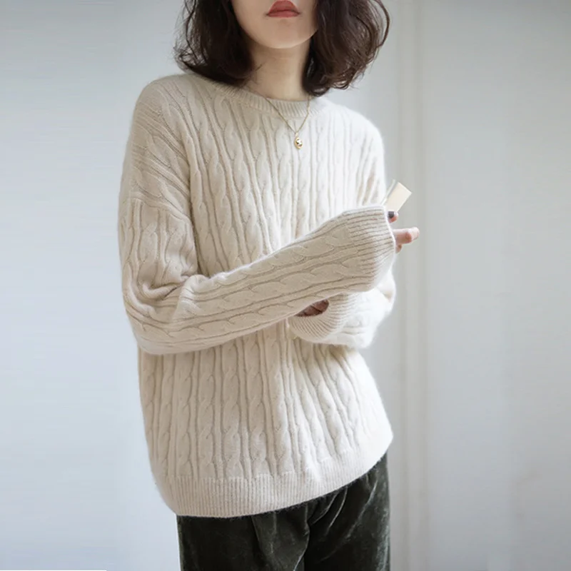 

JCHB Cashmere Sweater Female Head Round Neck Short Loose Thickening Twist Solid Color Knitted Sweaters Women Autumn Winter Pullo