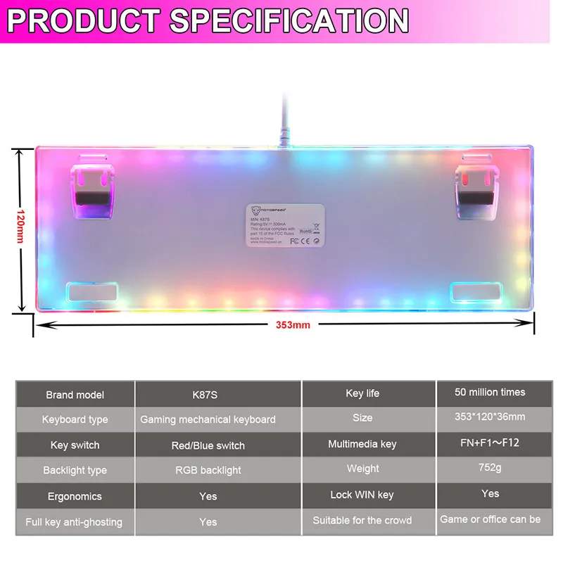 motospeed k87 gaming mechanical keyboard bluered axis rgb backlit 87 keys wired led anti ghosting keyboards for pc laptop gamer free global shipping