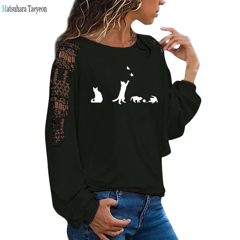 

Funny Cute Cat Women Long Sleeve T Shirt Solid Lace Trimmings Hollow Out Loose Tops Female Teeshirt Autumn Clothes 3XL Plus Size