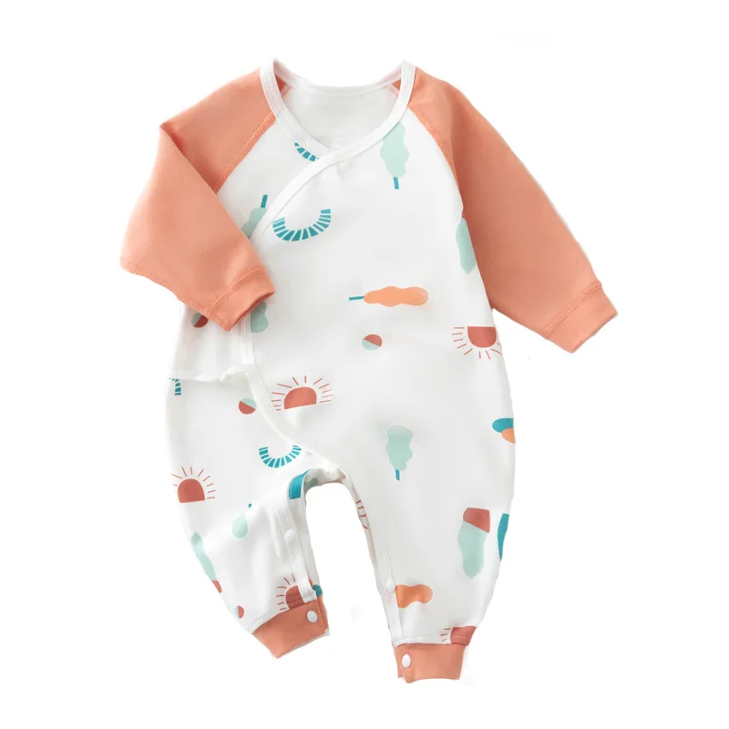 

Newborn Boys Onesies Spring Autumn Pajamas 0-3 Months Baby Full Sleeve Front Open Belt Printed Moon Clothes Cotton Romper
