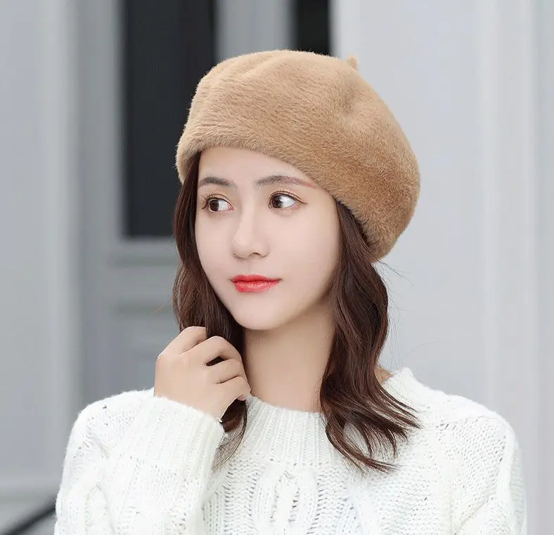 Шапка-берет Женская кашемировая однотонная шапка художника в стиле ретро с