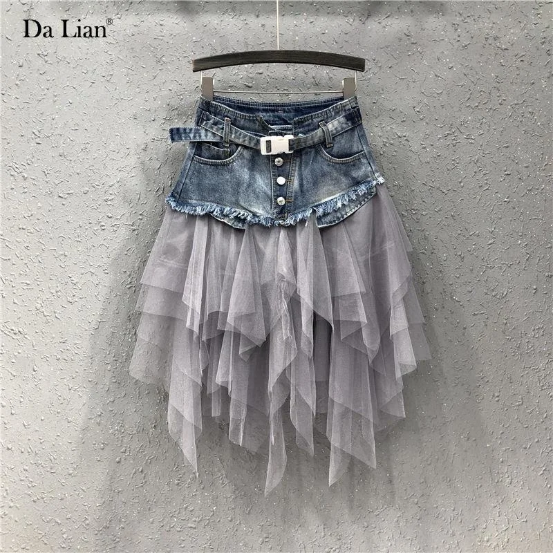 

Irregular mesh stitched denim skirt women's 2021 summer new European style slim A-line skirt