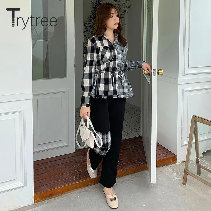 Женский офисный комплект Trytree повседневный Асимметричный клетчатый Топ с поясом