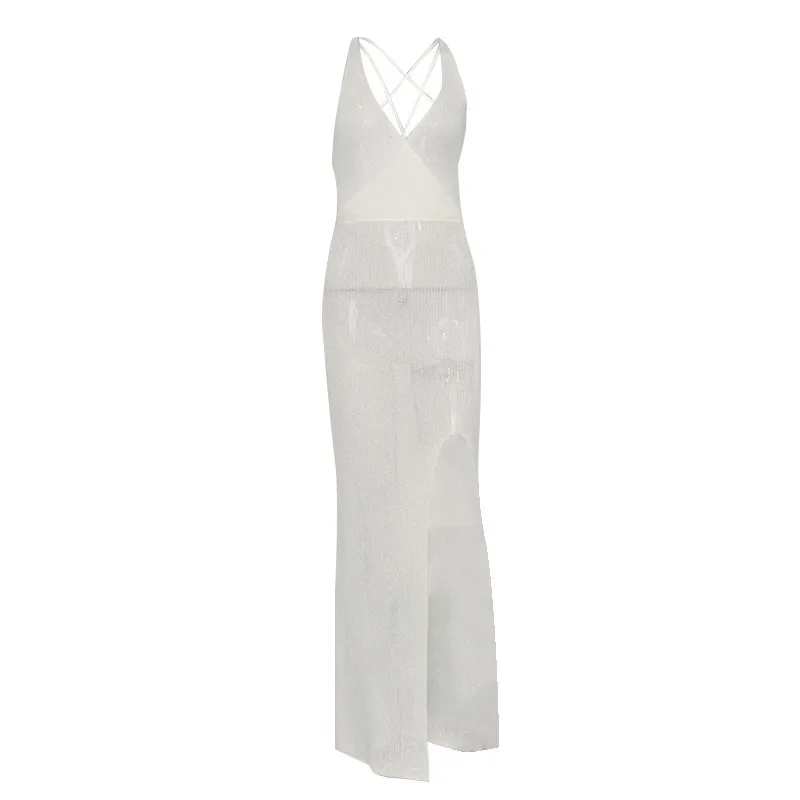 

2021 summer new fashion V-neck halter strap seaside vacation beach suspender long skirt perspective dress ladies club party