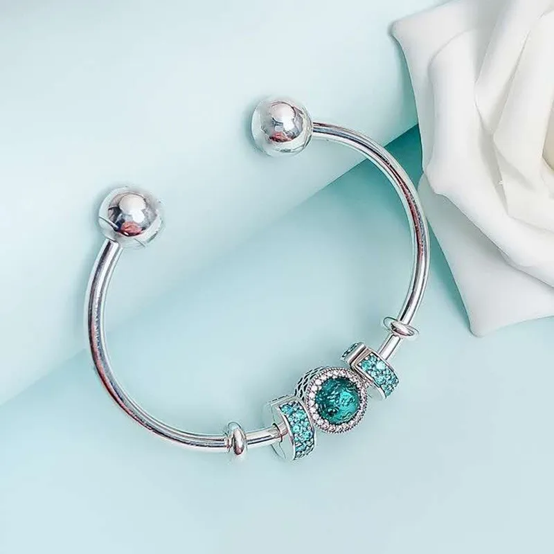 

925 Sterling Silver Fashion Open Round Button Head With Cat Eye Beading Bracelet Fit Original Pan Charm Female Diy Jewelry