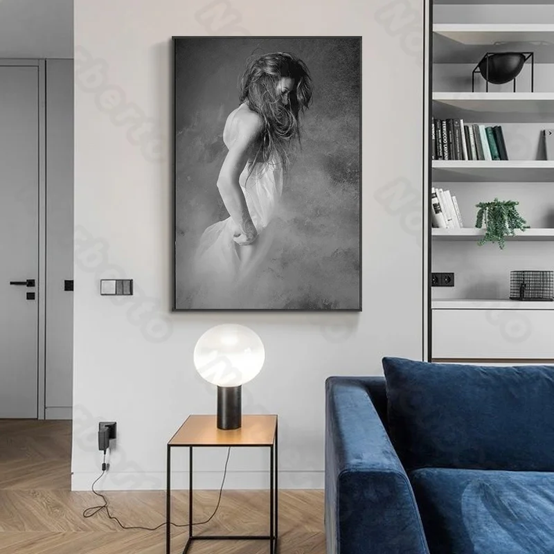 

Modern Fashion Canvas Painting Wall Posters Vintage Black and White Pictures a White Long Dress Pretty Girl for Home Rooms Decor