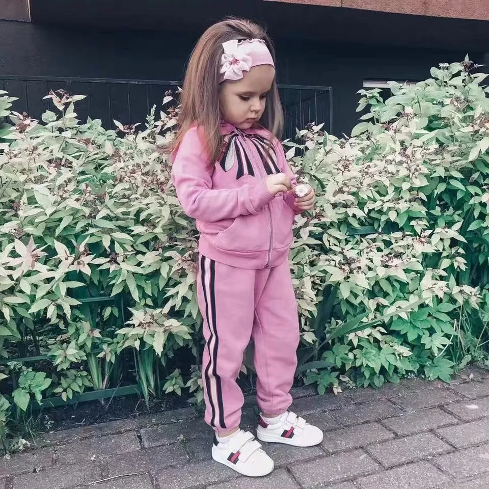 

Spring and autumn new girl's ribbon bow hooded sweater cardigan sports suit pink cotton long sleeve coat trousers two piece set