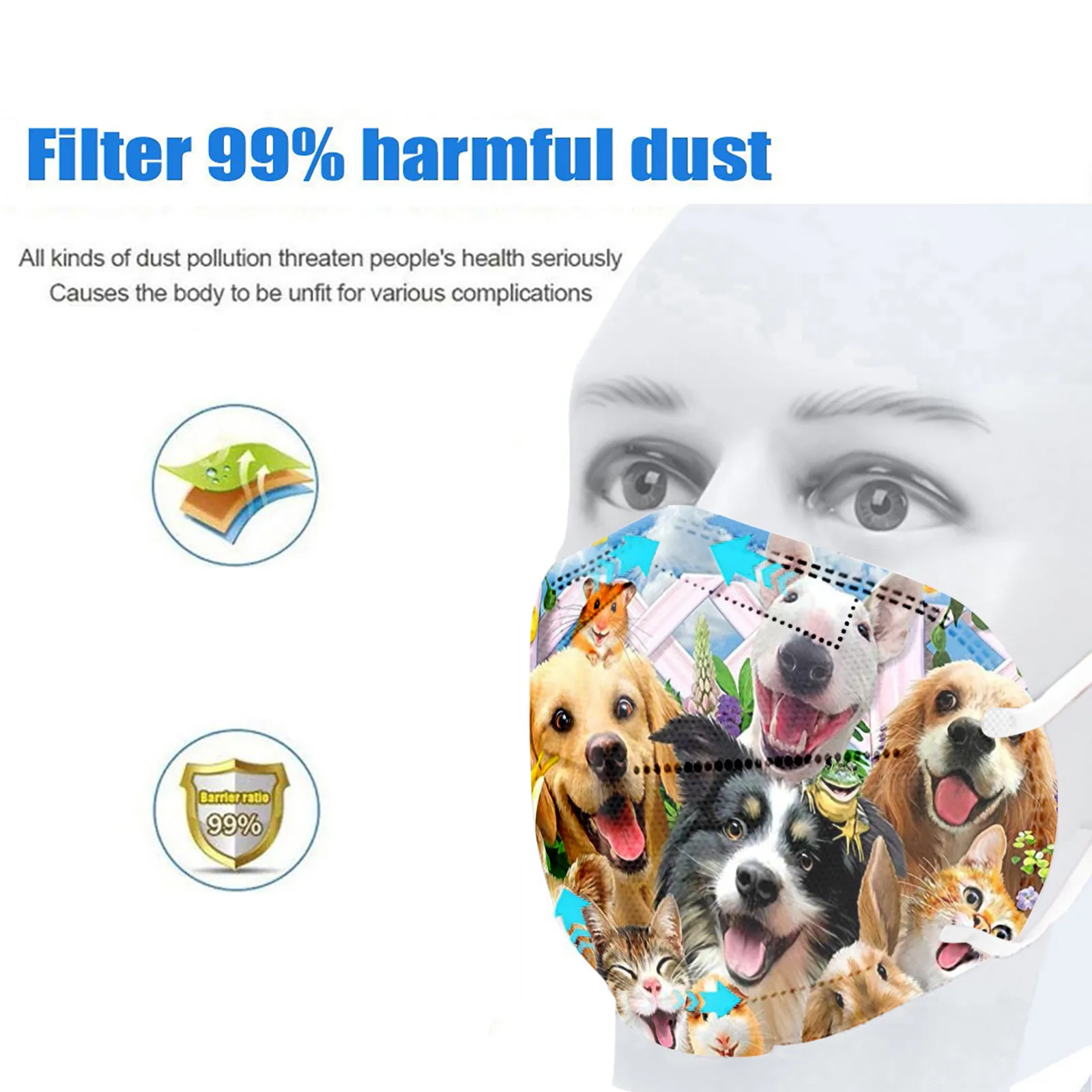 

20pcs Kawaii Face Masks For Child Kids Dog Patterned Protection Reuse 3d Mouth Masks Cover Dustproof Filter Masks No Decoration