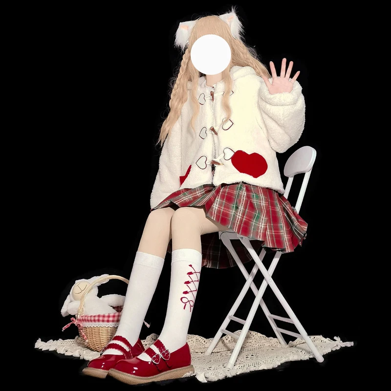 Kawaii Loli Hooded Jacket Girls Faux Fur Teddy Bear Lolita Zip Up Coats Women Cute College Style Soft Furry Warm Overcoat Women