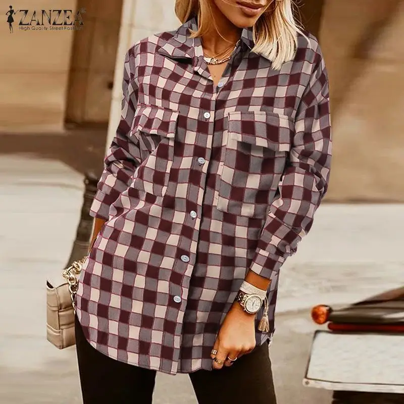 

Женская блузка с отложным воротником ZANZEA 2022, осенняя блузка с карманами в клетку, клетчатая рубашка с принтом, женская блузка с длинным рука...