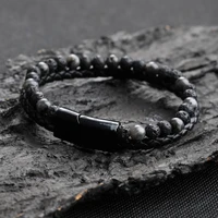 2020 fashion men jewelry natural stone genuine leather bracelet black stainless steel magnetic clasp tiger eye bead bracelet men