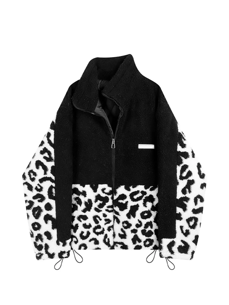 

2021 Winter Zipper Patchwork Ladies Korean Fashion Loose Warm Casual Outerwear Women Leopard Lamb Wool Down Cotton Padded Jacket