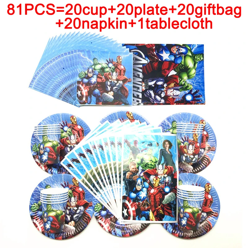 Suministros de fiesta de los Vengadores para ni&ntilde;os, vasos desechables, platos, mantel, vajilla, decoraciones de fiesta de superh&eacute;roes, bandera, 81 Uds.-2