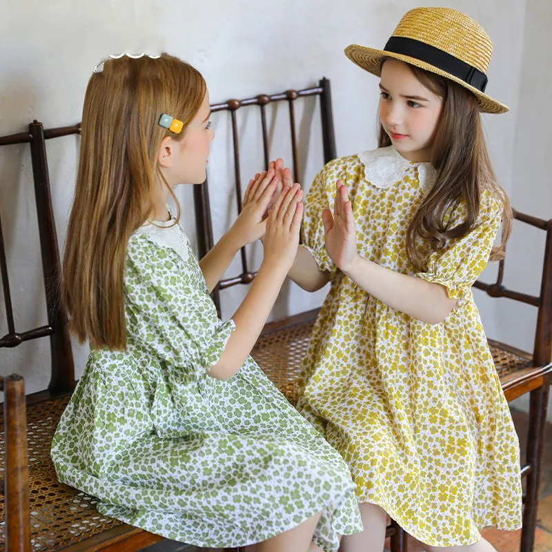 

Летние Платья с цветочным принтом для девочек, модные повседневные платья средней длины с короткими рукавами, детское уличное Повседневное...