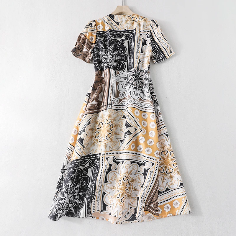 

Summer Dress Women Fashion Pure Silk V-Neck Short Sleeve Waist Mid Length Pullover Skirt Full Body Checkered Flower Pattern